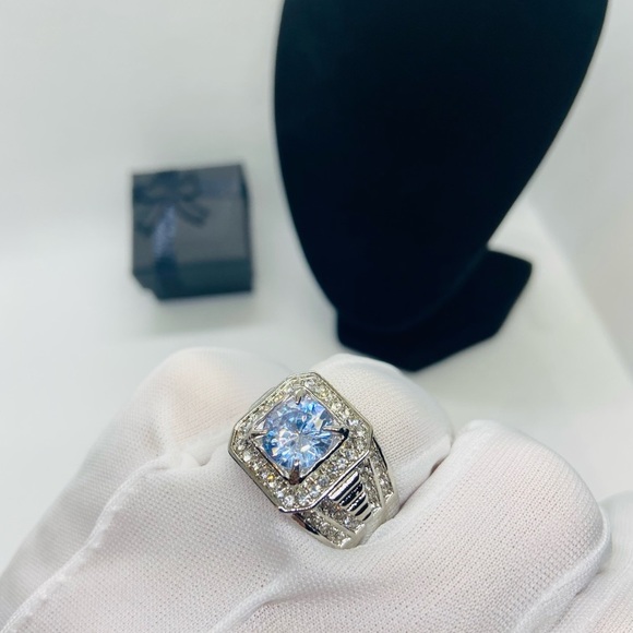 NEW Men Silver Square Diamond Wide Band Ring - Picture 9 of 11